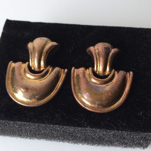 Vintage Bronze Copper Modernist Door Knocker Earrings 3/4” X 1” - Picture 5 of 7